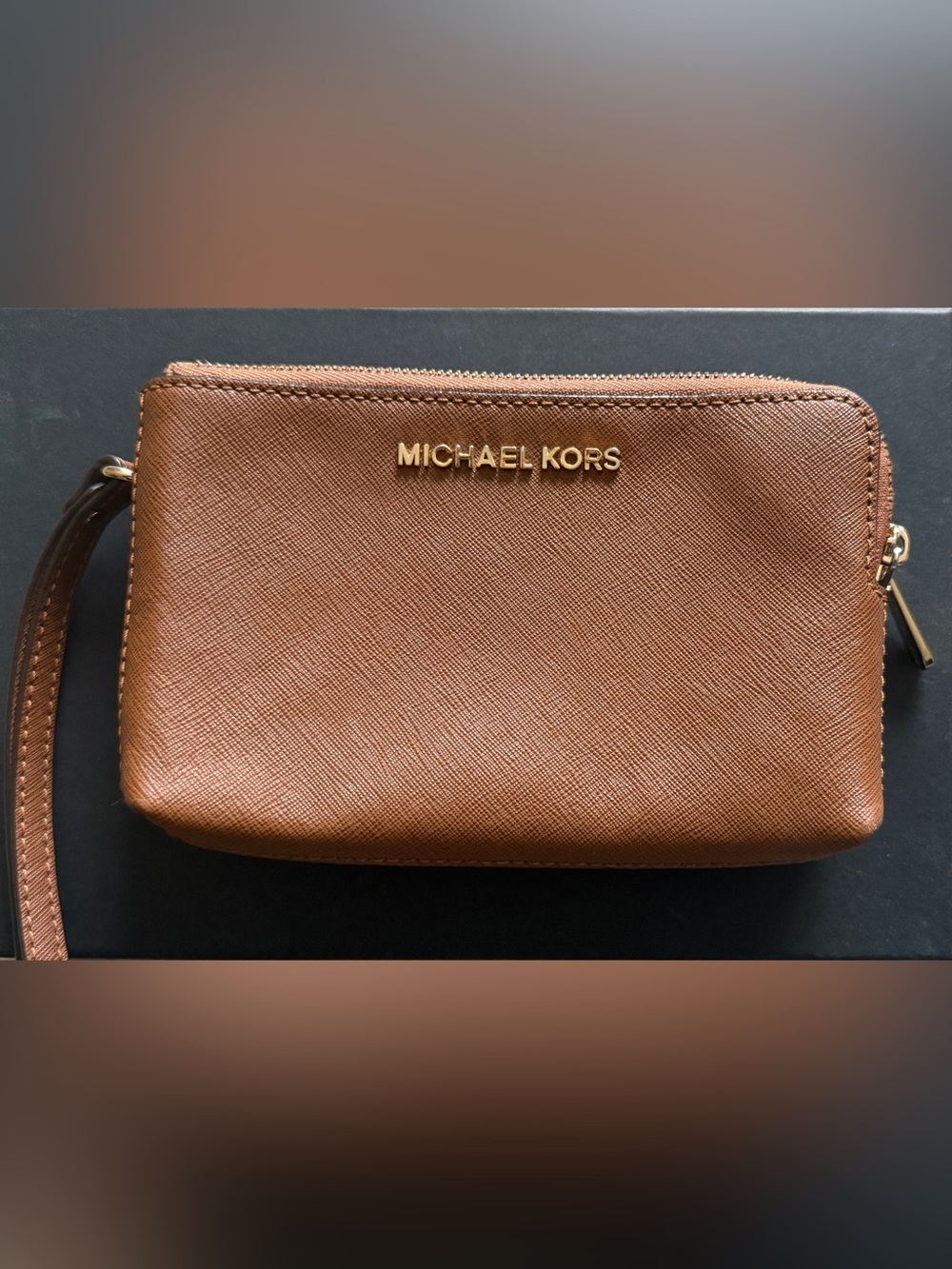 Michael Kors Brown Leather Double Zip Pouch with Gold Hardware